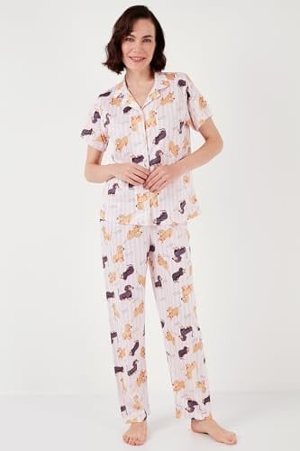 Lela Desenli Kısa Kollu Beli Lastikli Gömlek Yaka Dokuma Regular Fit Pijama Takımı (PEMBE, XL)