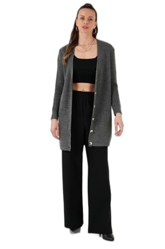 Lela Regular Fit V Yaka Düğmeli Triko Örme Uzun Hırka Bayan HIRKA 4615044