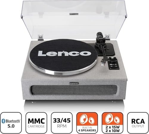 Lenco LS-440 Pikap - Bluetooth Pikap - Entegre Hoparlör 40 Watt RMS - Kayış Tahriki - Pitch Control - Ön Amplifikatör - RCA Out ve AUX-In - Gri | LS-440 - Vinil Çalar - Bluetooth 40 Watt RMS - Kayış T