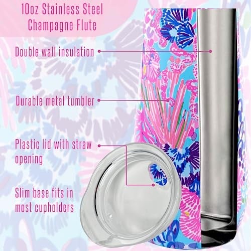 Lilly Pulitzer 10 oz Sapsız Şampanya Flüti, Kapaklı Küçük Paslanmaz Çelik Bardak, Çift Duvarlı Yalıtımlı Metal Kupa, Kumda İhtişam