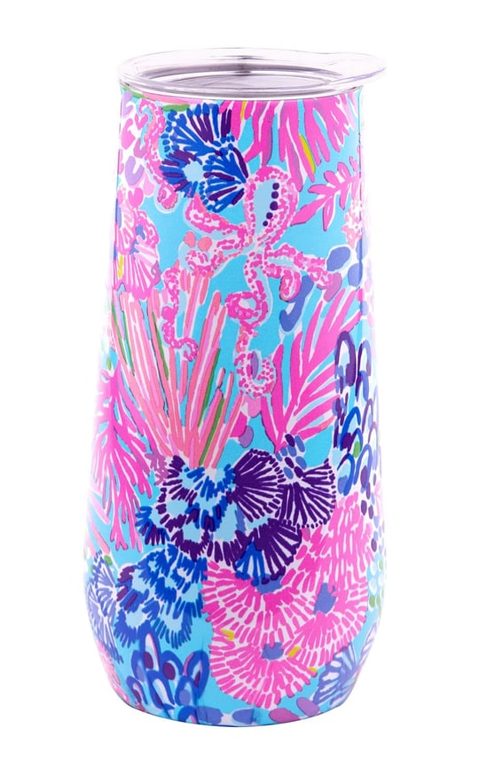 Lilly Pulitzer 10 oz Sapsız Şampanya Flüti, Kapaklı Küçük Paslanmaz Çelik Bardak, Çift Duvarlı Yalıtımlı Metal Kupa, Kumda İhtişam