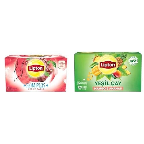 Lipton Slim Plus Kiraz Saplı Bardak Süzen Poşet Bitki Çayı 20li Paket, 40 g ve Lipton Mango ve Ananaslı Tropikal Bardak Poşet Yeşil Çay 20li Paket