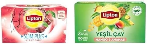 Lipton Slim Plus Kiraz Saplı Bardak Süzen Poşet Bitki Çayı 20li Paket, 40 g ve Lipton Mango ve Ananaslı Tropikal Bardak Poşet Yeşil Çay 20li Paket