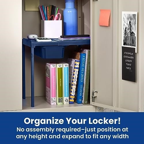 LockerMate Ayarlanabilir Raf Dolap Rafı ve Düzenleyici, Dolabınıza Uyacak Şekilde Uzatılır, Kullanımı Kolay, Okul, İş, Spor Salonu için Mükemmel, Saklama Çekmecesi Dahil, Mavi (5025-NVY)