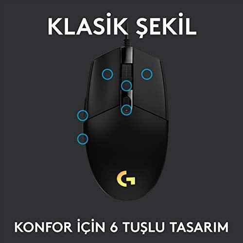 Logitech G G102 Kablolu Oyuncu Mouse, LIGHTSYNC RGB Aydınlatma, 8.000 DPI, 6 Programlanabilir Tuş, Siyah