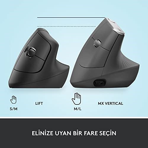 Logitech Lift Kablosuz Ergonomik Dikey Mouse, 57° Dikey Açı, 4000 DPI, Sessiz, Küçük ve Orta Eller İçin, Bluetooth, Logi Bolt USB Alıcı, 24 Ay Pil Ömrü, Siyah