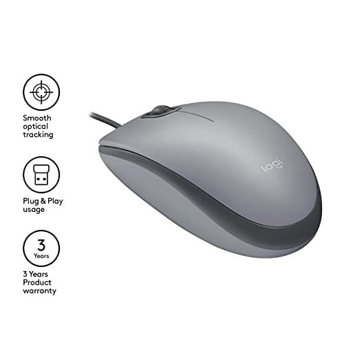 Logitech M110 USB Kablolu Sessiz Mouse, Dizüstü Bilgisayar, Notebook, PC ve Mac için Quiet Click teknolojili, USB-A Bağlantılı, Sağ ve Sol Elle Kullanıma Uygun, Gri