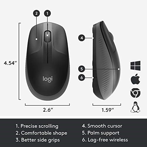 Logitech M190 kablosuz fare, iki elle kullanım için kavisli tasarım, 18 ay pil ömrü artı güç tasarrufu modu, USB alıcısı, geniş tekerlek sayesinde hassas kontrol, tuşlar, siyah