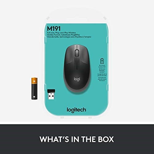 Logitech M190 kablosuz fare, iki elle kullanım için kavisli tasarım, 18 ay pil ömrü artı güç tasarrufu modu, USB alıcısı, geniş tekerlek sayesinde hassas kontrol, tuşlar, siyah