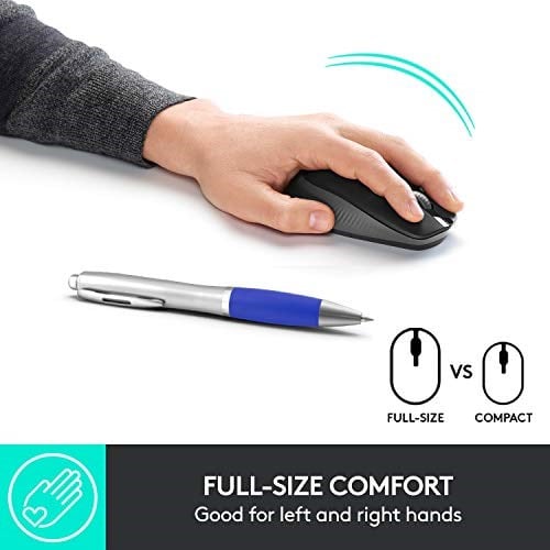 Logitech M190 kablosuz fare, iki elle kullanım için kavisli tasarım, 18 ay pil ömrü artı güç tasarrufu modu, USB alıcısı, geniş tekerlek sayesinde hassas kontrol, tuşlar, siyah