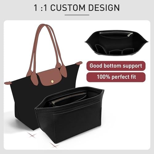 Longchamp Çanta Düzenleyici Ekleme Le Pliage Büyük Bez Çantalarla Uyumlu, Keçe Fermuarlı Çanta Düzenleyici Ekleme, Bardak Tutuculu, 8 Bölmeli (Siyah, L)