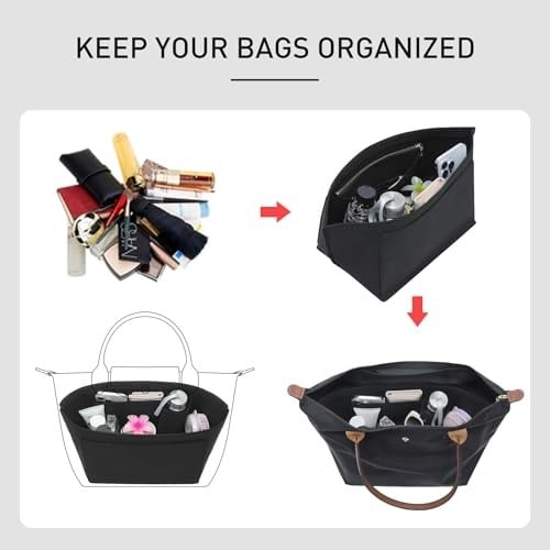 Longchamp Çanta Düzenleyici Ekleme Le Pliage Büyük Bez Çantalarla Uyumlu, Keçe Fermuarlı Çanta Düzenleyici Ekleme, Bardak Tutuculu, 8 Bölmeli (Siyah, L)