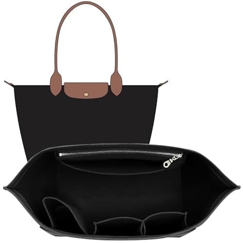 Longchamp Çanta Düzenleyici Ekleme Le Pliage Büyük Bez Çantalarla Uyumlu, Keçe Fermuarlı Çanta Düzenleyici Ekleme, Bardak Tutuculu, 8 Bölmeli (Siyah, L)
