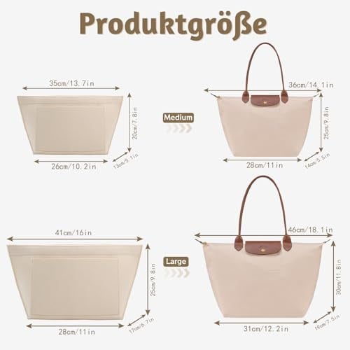 Longchamp L için çanta düzenleyici, Longchamp çanta düzenleyici, çok cepli keçe çanta düzenleyici, cüzdan düzenleyici (bej, L) - Bedenler: M, L