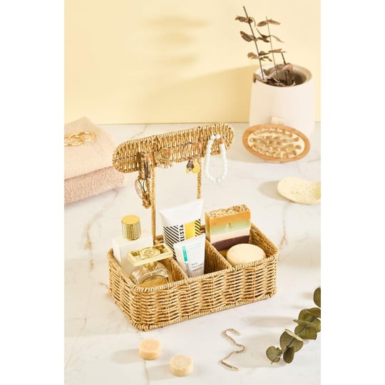 Lora Bianca Rattan Görünümlü Askılı 3 Bölmeli Çok Amaçlı Takı Ve Kozmetik Organizer