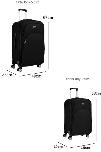 Louisiana Polo Orta ve Kabin Boy Valiz Seti 4 Teker Kumaş Valiz Siyah 1081
