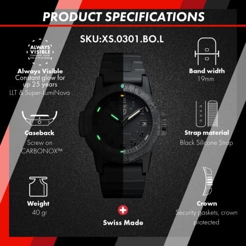 Luminox Leatherback SEA Turtle Blackout XS.0301.BO.L Erkek Saati Küçük 39 mm - Askeri Saat Siyah Tarih Göstergeli 100 m Su Geçirmez, Schwarz, Bant