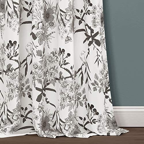 Lush Decor, Gri ve Beyaz Botanik Bahçesi Perdeleri Çiçekli Kuş Baskılı Oda Karartma Pencere Perdeleri Oturma, Yemek, Yatak Odası için Set, 95