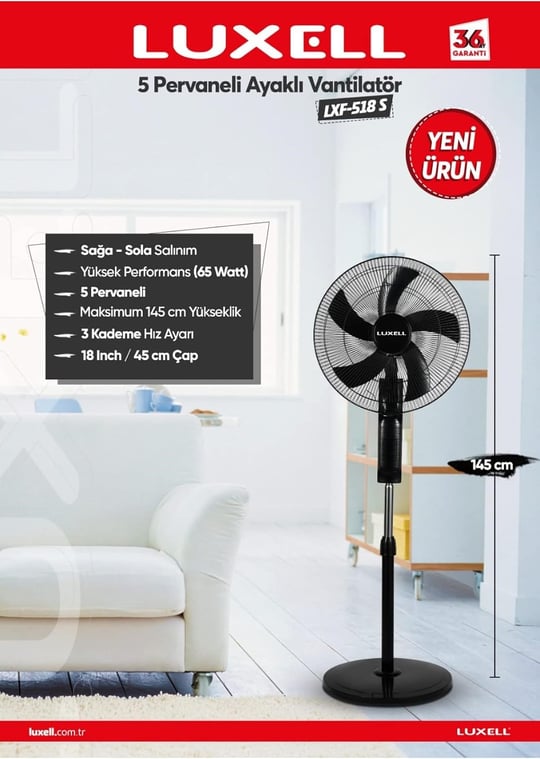 Luxell LXF-518 S 5 Pervaneli Ayaklı Vantilatör (Siyah)
