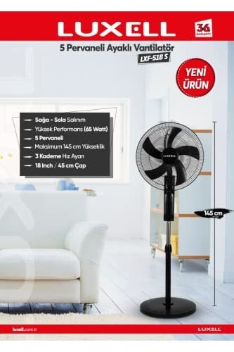 Luxell LXF-518 S 5 Pervaneli Ayaklı Vantilatör (Siyah)