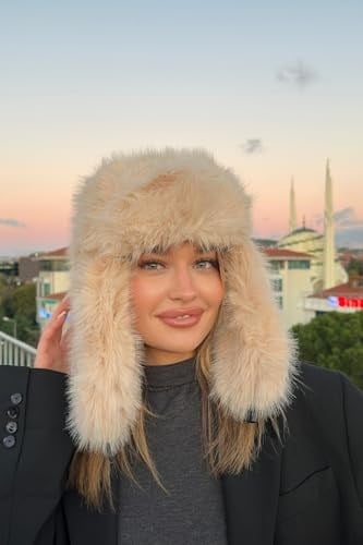 Luxury Uzun Tüylü Suni Kürklü Peluş Tüylü Pilot Şapka, uzuntüylüpilotspkamolly