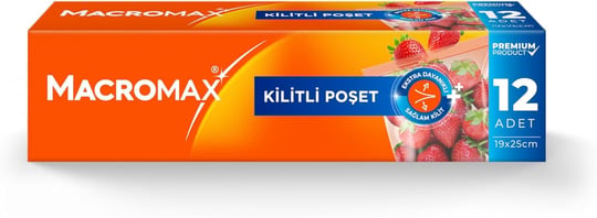 Macro Max Fermuarlı Kilitli Poşet 12 Adet (20x25 cm), Çok Kez Aç Kapa Pratik Saklama Poşeti