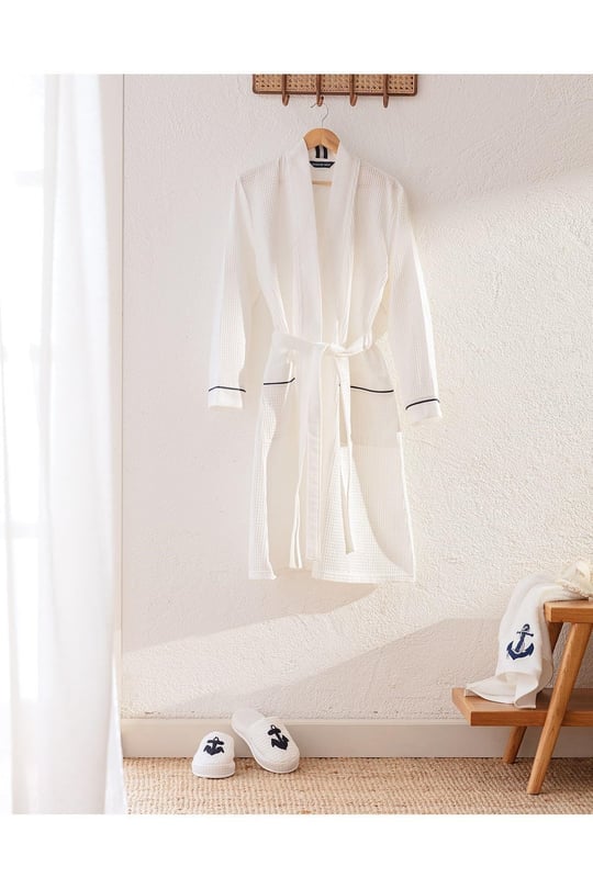 Madame Coco Marty Kimono Unisex Bornoz/Terlik Seti - Yat Koleksiyon - Beyaz