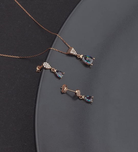Madam&Matmazel Mistik Topaz Gümüş Kadın Takı Seti | 925 Ayar Gerçek Gümüş (Pembe Altın), Küpe, Kolye