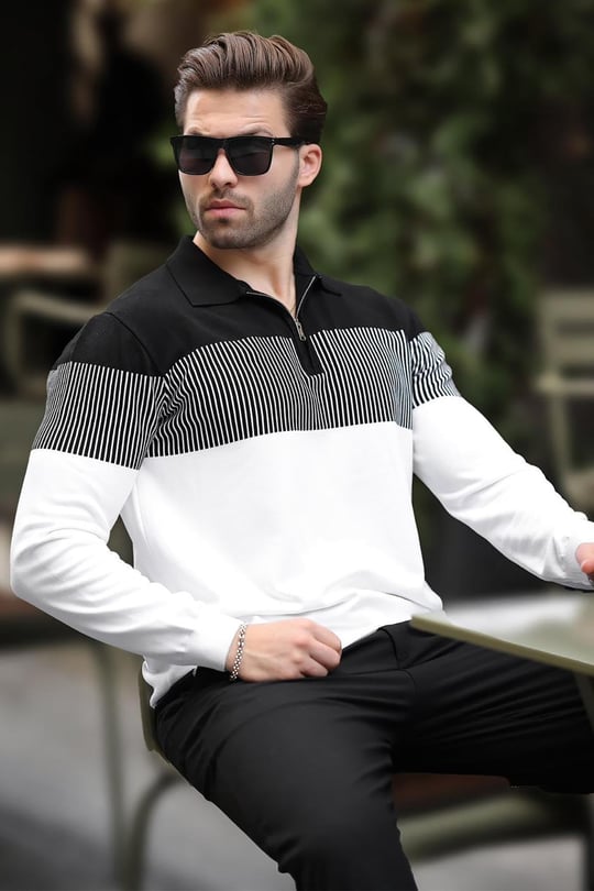 Madmext Kahverengi Fermuar Yaka Renk Bloklu Uzun Kollu Kazak 7262 - Bedenler: S, M, L, XL, XXL