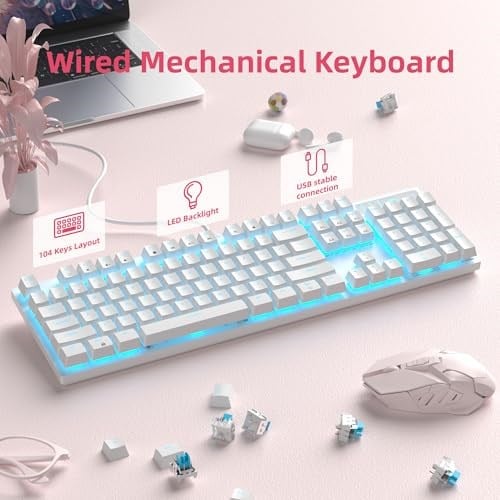 MageGee Mekanik Oyun Klavyesi, Kablolu USB Ayarlanabilir Arka Işık Klavyesi, Yeni Mekanik Fırtına%100 Anti-gölgelenme Klavye Windows PC/MAC Oyunları için Mavi Anahtarlı (Beyaz)