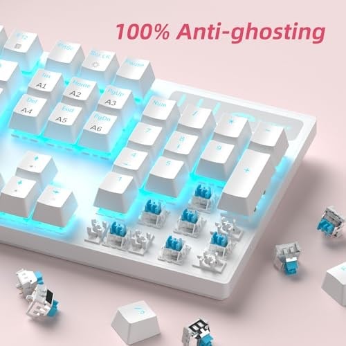 MageGee Mekanik Oyun Klavyesi, Kablolu USB Ayarlanabilir Arka Işık Klavyesi, Yeni Mekanik Fırtına%100 Anti-gölgelenme Klavye Windows PC/MAC Oyunları için Mavi Anahtarlı (Beyaz)