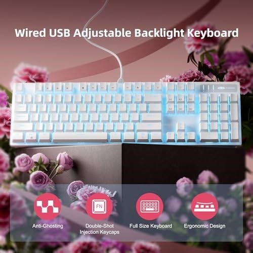 MageGee Mekanik Oyun Klavyesi, Kablolu USB Ayarlanabilir Arka Işık Klavyesi, Yeni Mekanik Fırtına%100 Anti-gölgelenme Klavye Windows PC/MAC Oyunları için Mavi Anahtarlı (Beyaz)