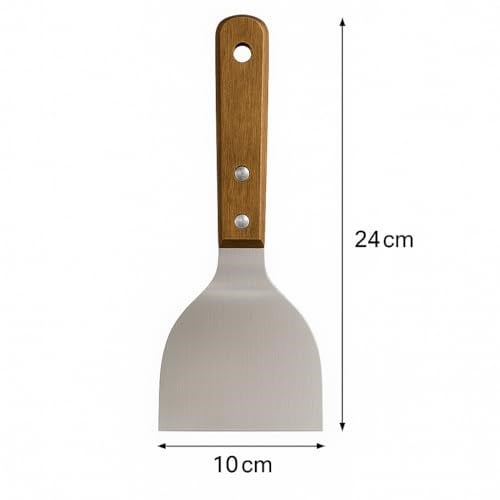 MallArt® Ahşap Saplı Paslanmaz Çelik Spatula – 24cm Eğilimli Çok Amaçlı Mutfak Spatulası | Izgara, Burger, Sebze, Temizlik için Profesyonel Metal Spatula
