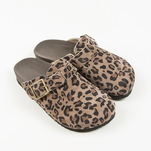 Manijero Zeta Leopar Kadın Deri Hakiki Deri Kemerli Tokalı Sabo Vizon Terlik