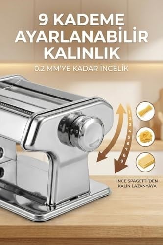 Manuel Makarna Makinesi - Erişte ve Hamur Açma Makinesi - Çift Kesici Başlıklı - 9 Kademe Ayarlı