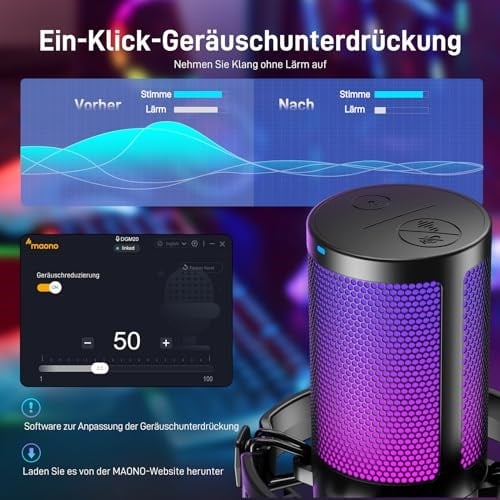 MAONO PC için USB Mikrofon, Sessiz Düğmeli RGB Oyun Mikrofonu, Gürültü Önleyici Kondenser Mikrofon, Akış, Podcast, Kayıt, Sohbet için Kazanç Topuzlu PS5/PS4/Mac, DGM20 ile Uyumlu
