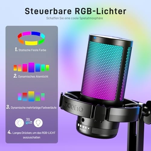 MAONO PC için USB Mikrofon, Sessiz Düğmeli RGB Oyun Mikrofonu, Gürültü Önleyici Kondenser Mikrofon, Akış, Podcast, Kayıt, Sohbet için Kazanç Topuzlu PS5/PS4/Mac, DGM20 ile Uyumlu