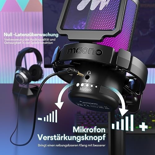 MAONO PC için USB Mikrofon, Sessiz Düğmeli RGB Oyun Mikrofonu, Gürültü Önleyici Kondenser Mikrofon, Akış, Podcast, Kayıt, Sohbet için Kazanç Topuzlu PS5/PS4/Mac, DGM20 ile Uyumlu