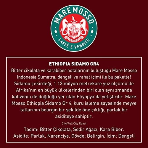 Mare Mosso Ethiopia Sidamo GR4 Çekirdek Filtre Kahve 250 Gr. Moka Pot Öğütülmüş