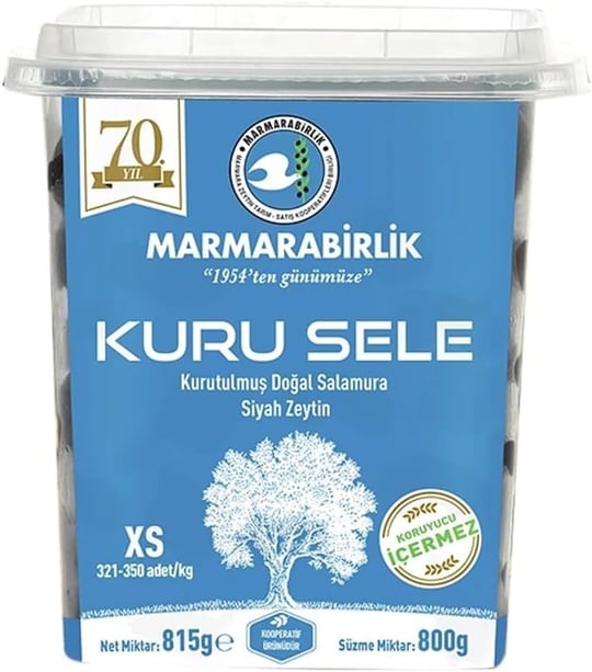 Marmarabirlik Kuru Sele Siyah Zeytin, XS Boy 321-350 Adet/kg, 800g, 2li Paket