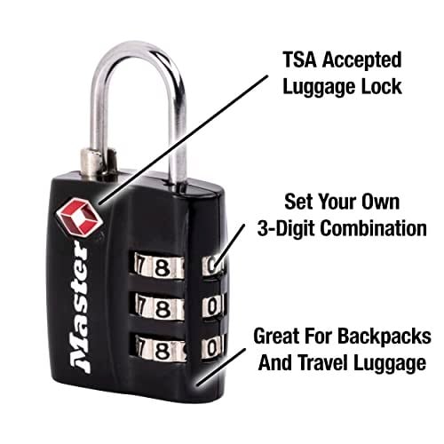 Master Lock Siyah TSA Onaylı Geniş Kilit Gövdeli ve İnce, Dayanıklı Çelik Kelepçe, Sırt Çantaları için Fermuar Kilidi, Bagaj, 3 pk, 4680BLKEC3
