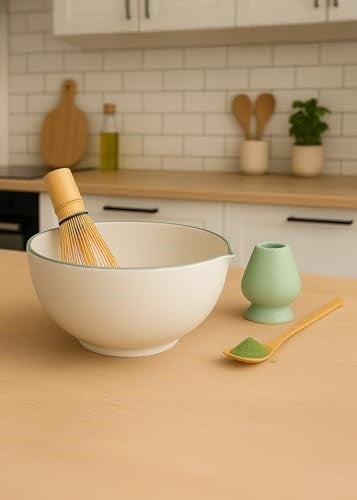 Matchiva Geleneksel Japon Matcha Seti, 4 Parça, Seramik Kase, Bambu Çırpıcı, Çırpıcı Standı, Bambu Kaşık, Beyaz ve Yeşil