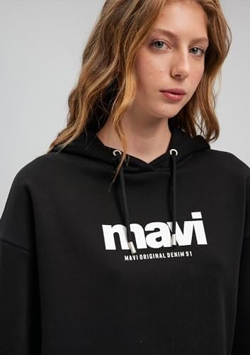 Mavi Logo Baskılı Kapüşonlu Siyah Sweatshirt 168334-900