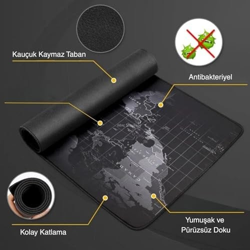McStorey Dünya Haritası Gaming Mouse Pad 60x30 cm, Kaymaz Kauçuk Tabanlı Masa Matı, Dikişli Kenar, 3 mm Kalınlık, Mikro Dokuma Kumaş, Klavye ve Mouse Altlığı, Ofis ve Oyuncu Masası için