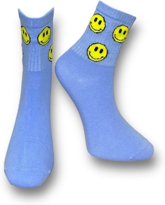 Me-vo Tekli Mavi Bay/Bayan Unisex Esnek Nem Alabilen Pamuklu Emoji Desenli Soket Çorap