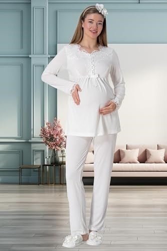 Mecit 1924 Ekru Dört Parça Hamile Lohusa Set - Bedenler: M, L, XX-Large, XL