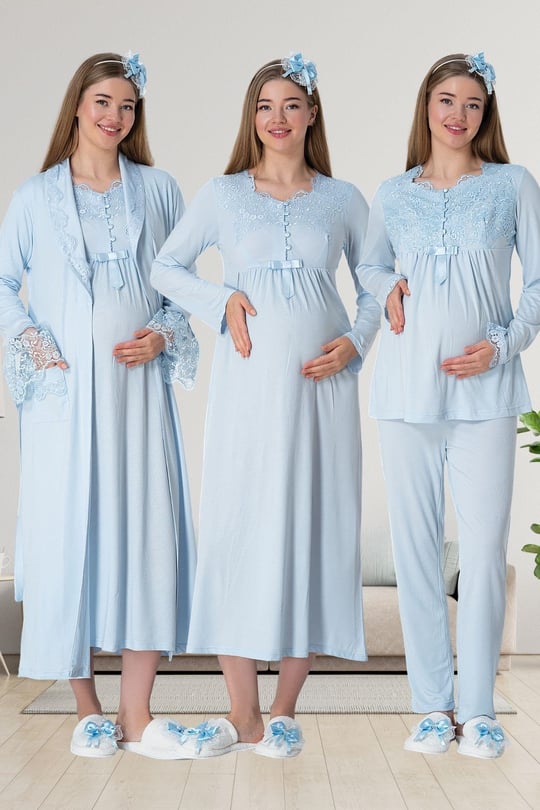 Mecit 1924 Mavi Dört Parça Hamile Lohusa Set - Bedenler: M, L, XX-Large, XL