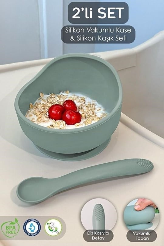 Meleni Baby 2li Silikon Bebek Beslenme Seti - Vakumlu Mama Kasesi - Diş Kaşıyıcı Silikon Kaşık - Yeşil