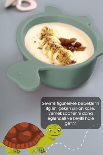 Meleni Baby 3lü Hayvan Figürlü Silikon Bebek Mama Kasesi Seti - Şekilli Bebek Beslenme Kasesi Yeşil
