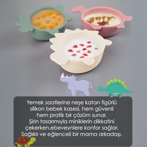 Meleni Baby 3lü Hayvan Figürlü Silikon Bebek Mama Kasesi Seti - Şekilli Bebek Beslenme Kasesi Pembe Yeşil Bej